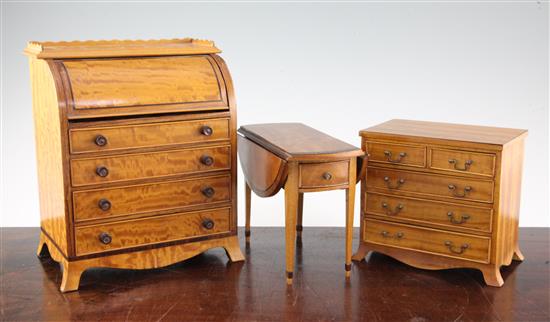 A Fergus Lane miniature George III style satinwood cylinder roll top desk, cylinder bureau 8.5in.